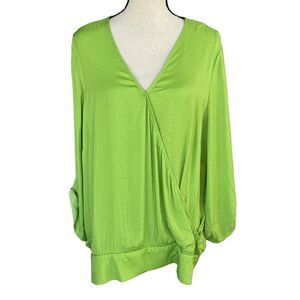 JM Collection XX-Large Top 3/4 Sleeve Surplice V-Neck Smocked Lightweight Green